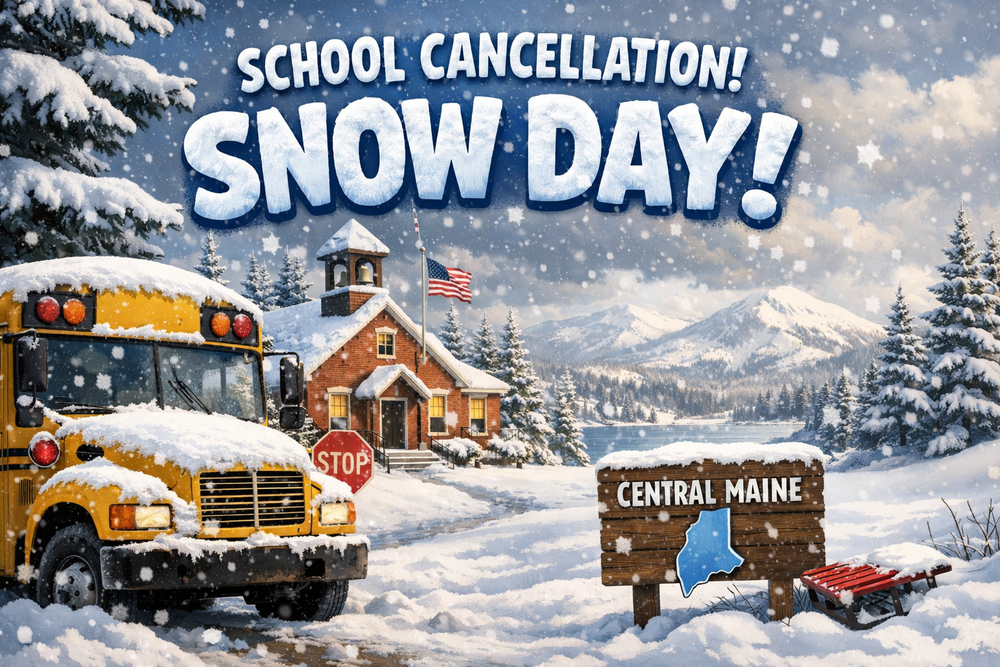 Picture of bus and school with snow