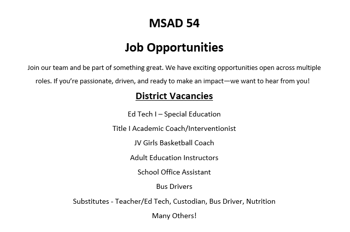 MSAD54 Job Opportunities