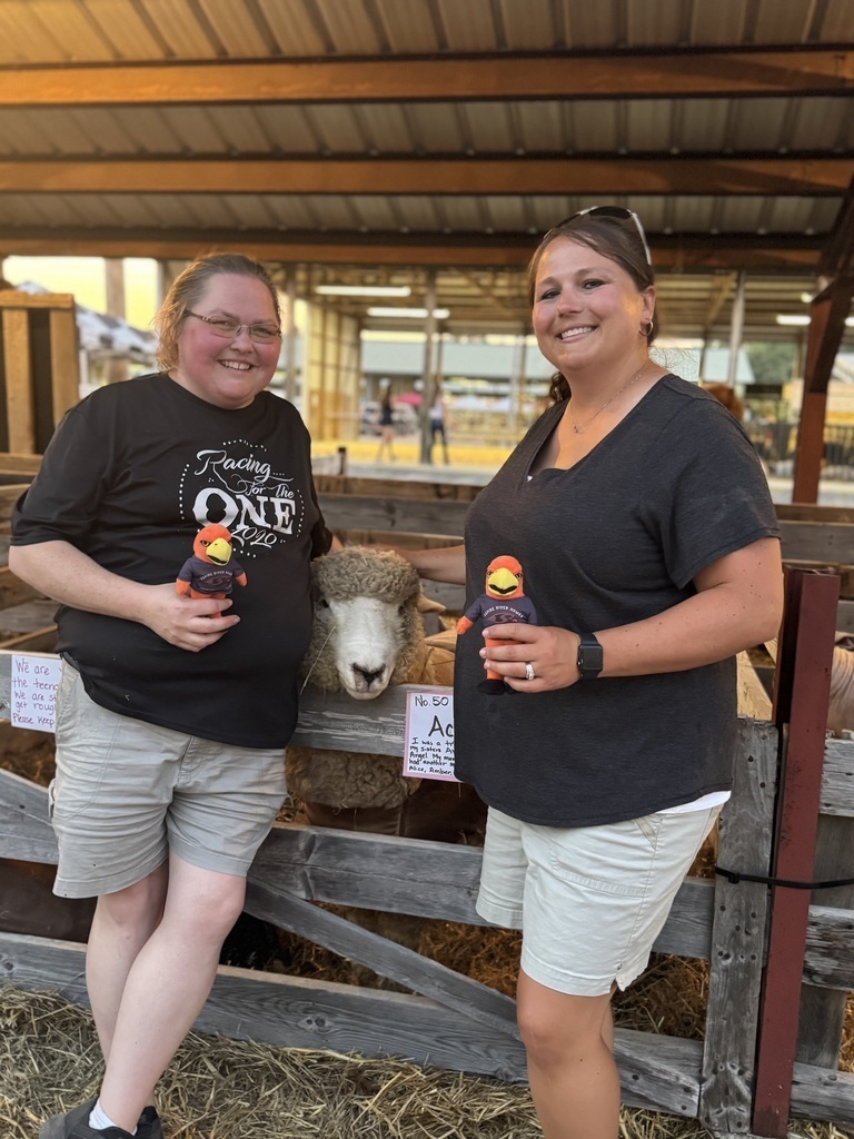 Teachers outside with River Hawk plushie in front of sheep