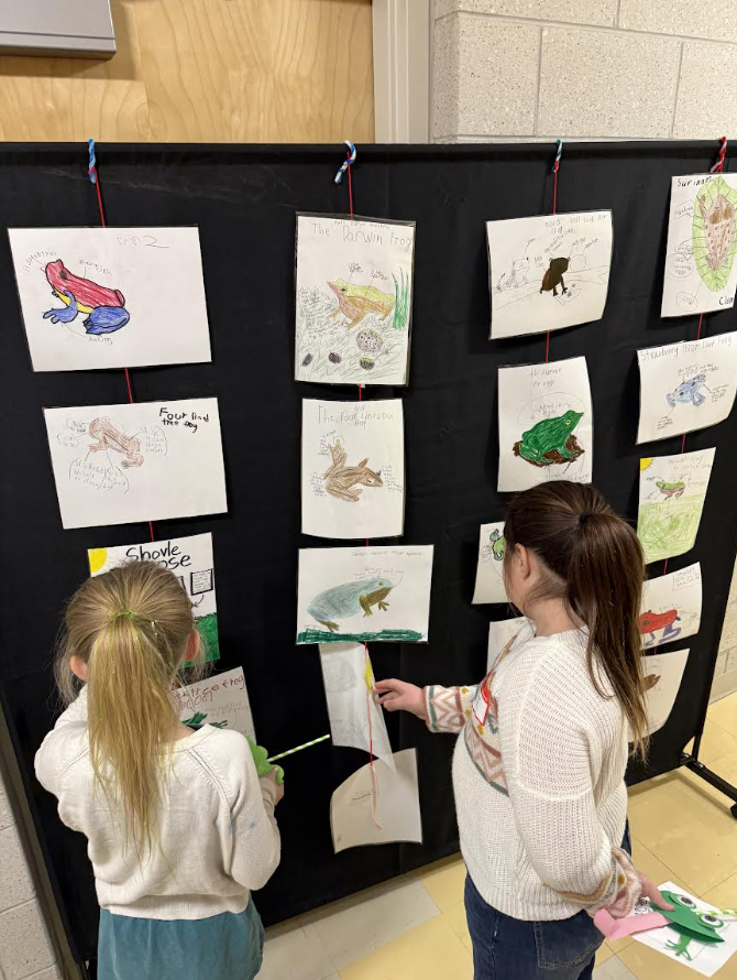Two girls look at frog drawings on a wall.