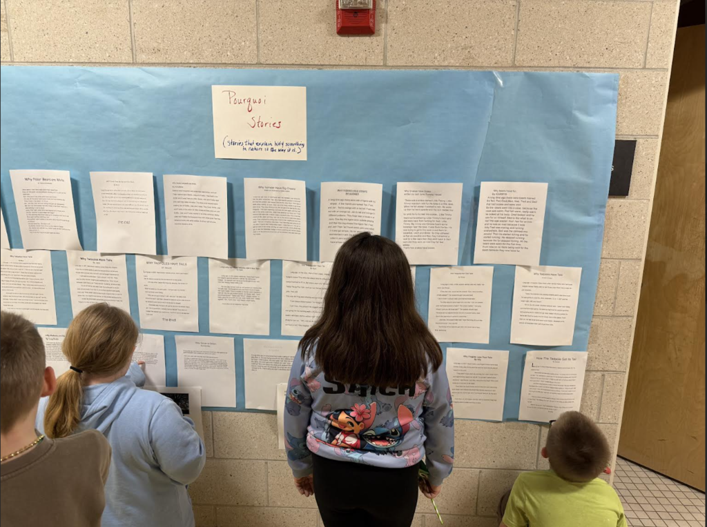 Students look at writing papers displayed on wall.