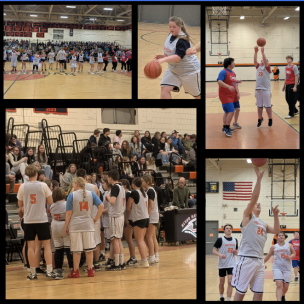 SAHS Unified Basketball taking the court, in a team huddle, and enjoying halftime while dancing to music