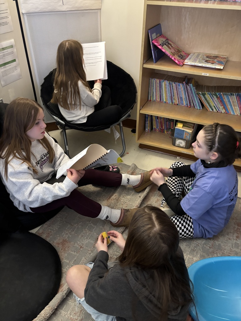 Students gather to share their work on classroom carpet.
