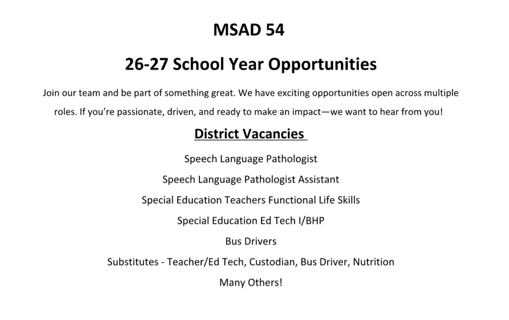 Hiring flyer for MSAD 54, detailing benefits and current vacancies