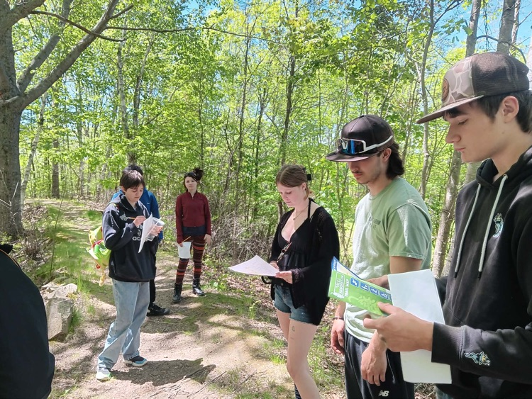 students looking at maps to explore trails at Viles arboretum