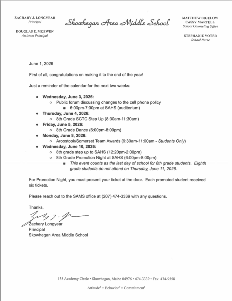 8th Grade End of Year Schedule