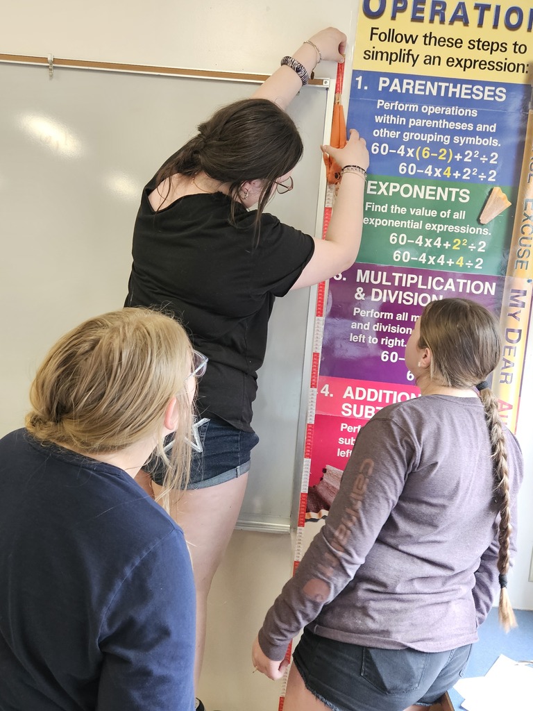 Students measuring a Barbie Bungee starting point.