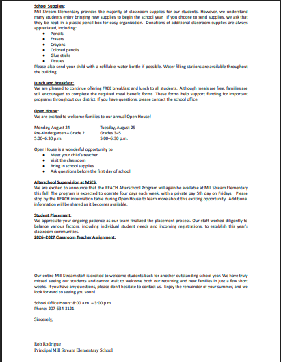 Page two of the Mill Stream Elementary School Welcome Back letter, including information about start of school.