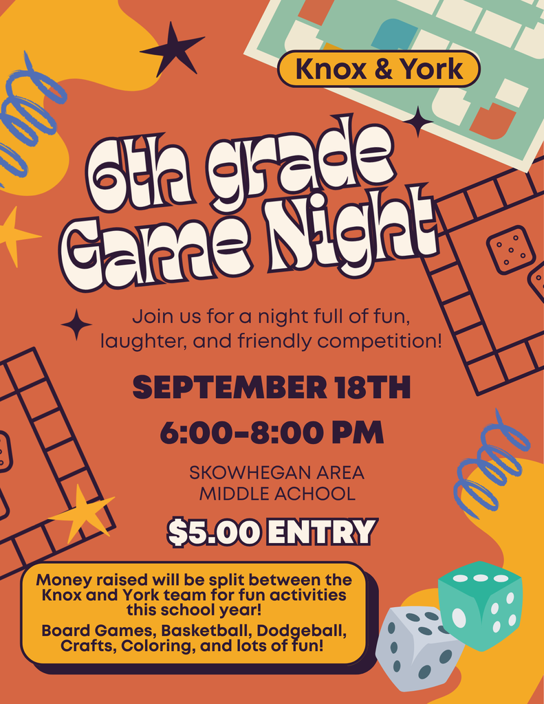6th Grade Game Night Flyer 9/18/26 from 6-8:00 pm.