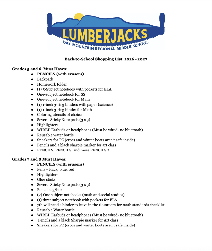 2026-2027 DMRMS School Supply List