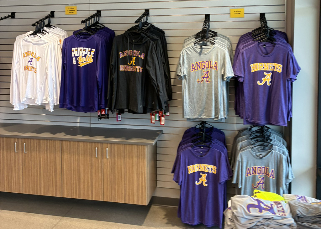 Angola sweatshirts hanging on wall