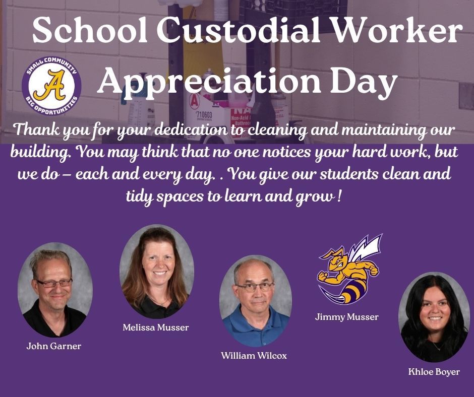 Poster for School Custodial Worker Appreciation Day with a thank-you message and photos of staff members. Background shows cleaning supplies and a purple theme.