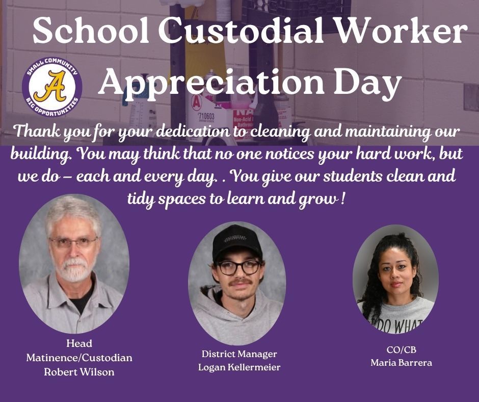 Poster for School Custodial Worker Appreciation Day with a thank-you message and photos of staff members. Background shows cleaning supplies and a purple theme.