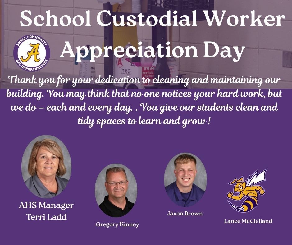 Poster for School Custodial Worker Appreciation Day with a thank-you message and photos of three staff members, Background shows cleaning supplies and a purple theme.
