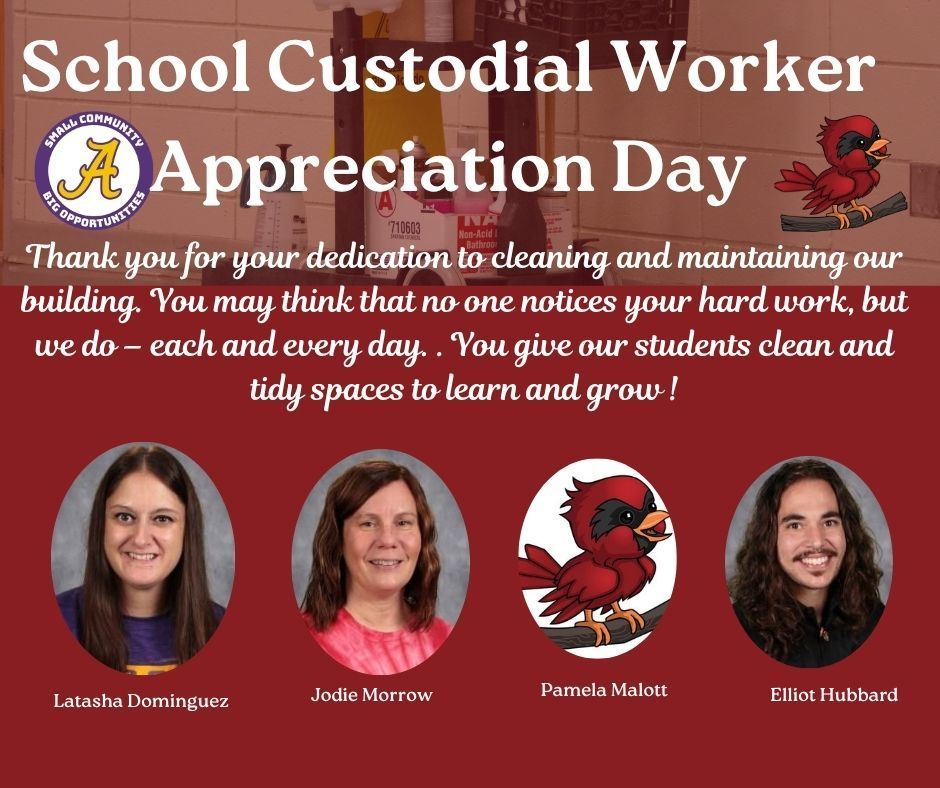 Poster for School Custodial Worker Appreciation Day with a thank-you message and photos of three staff members. Background shows cleaning supplies and a purple theme.
