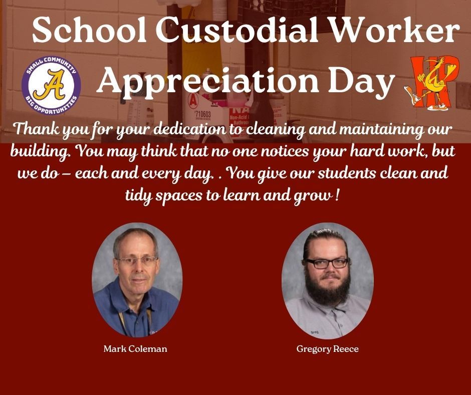 Poster for School Custodial Worker Appreciation Day with a thank-you message and photos of three staff members. Background shows cleaning supplies and a red theme.