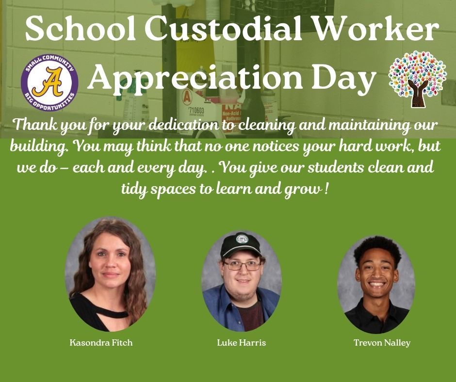 Poster for School Custodial Worker Appreciation Day with a thank-you message and photos of three staff members. Background shows cleaning supplies and a green theme.