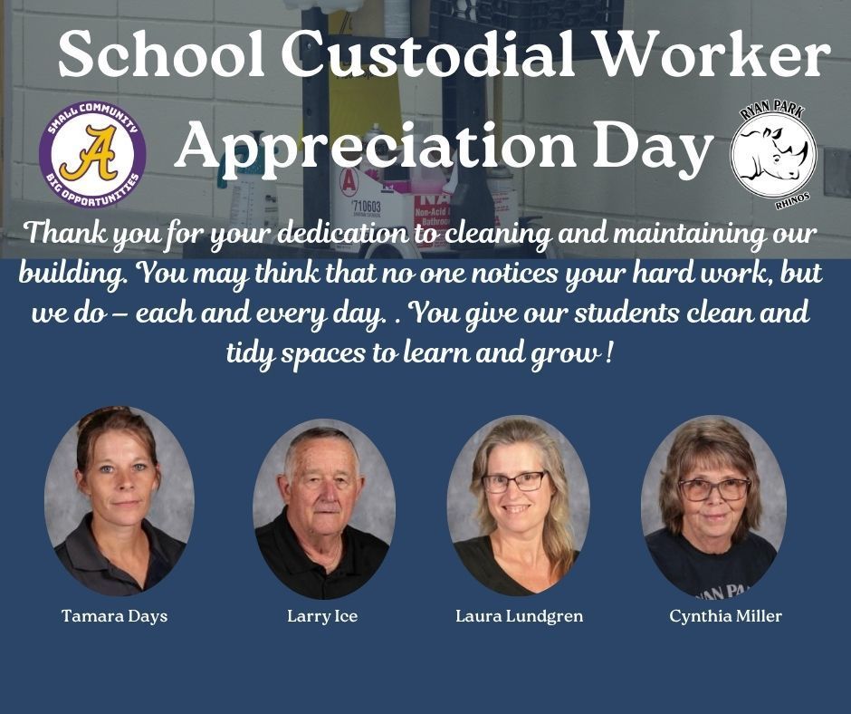 Poster for School Custodial Worker Appreciation Day with a thank-you message and photos of three staff members. Background shows cleaning supplies and a blue theme.