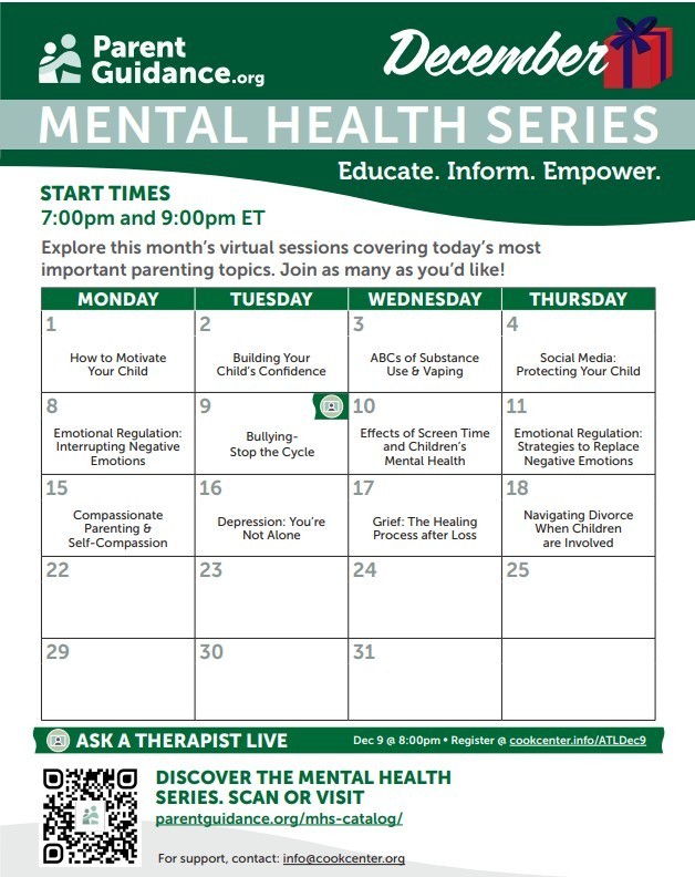 December calendar of Mental Health series catagories