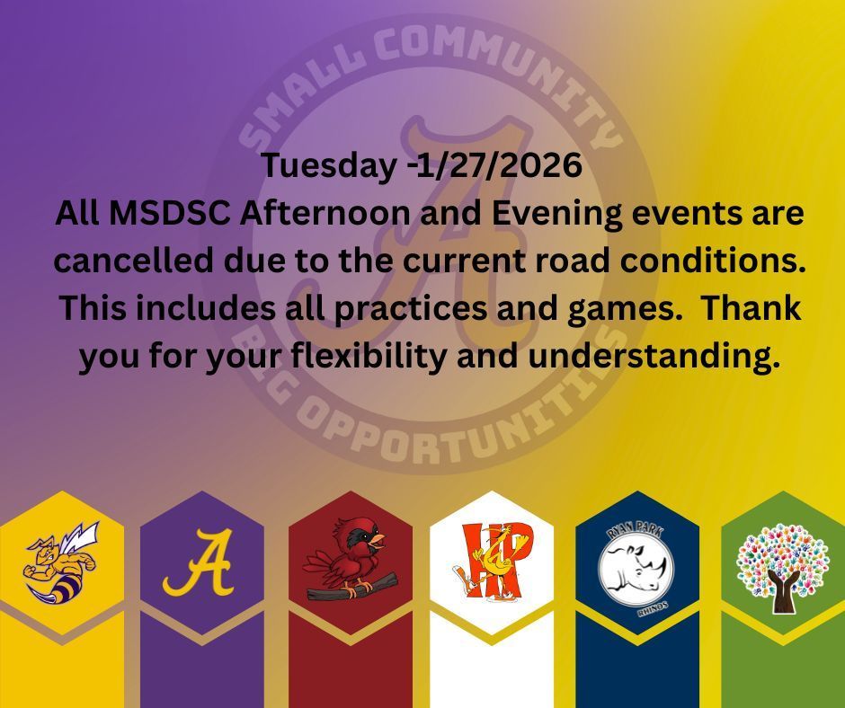 afternoon activities cancelled 1/27/2026 due to road conditions