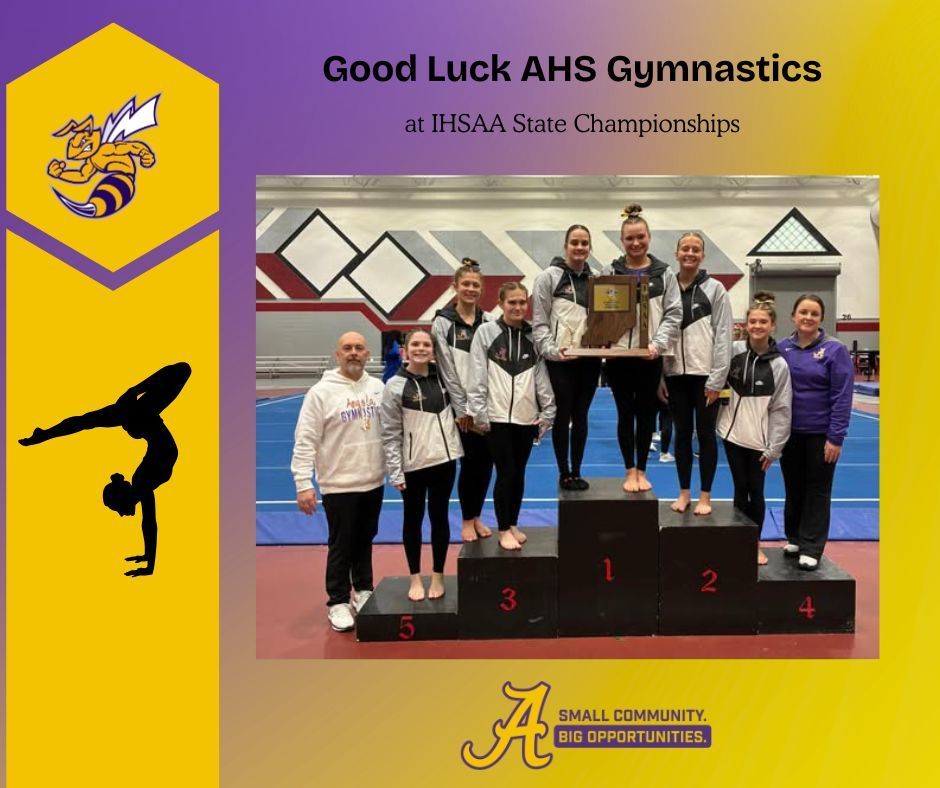 Seven high school gymnasts and two coaches on pyramind stand holding a trophy