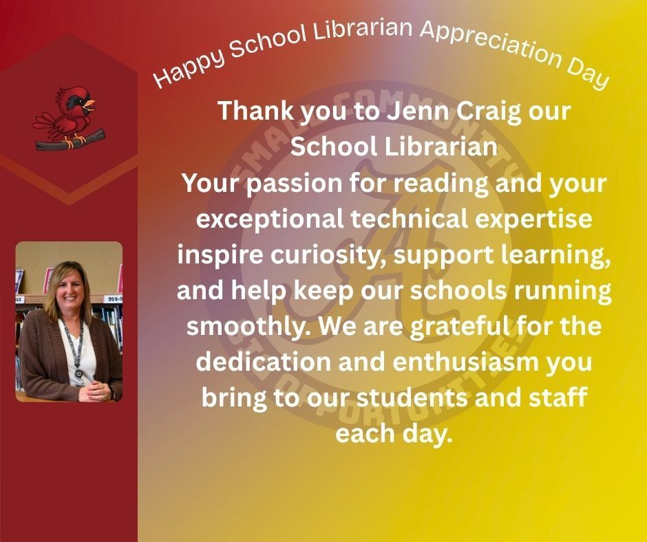Thank you to Jenn Craig our School Librarian Your passion for reading and your exceptional technical expertise inspire curiosity, support learning, and help keep our schools running smoothly. We are grateful for the dedication and enthusiasm you bring to our students and staff each day.