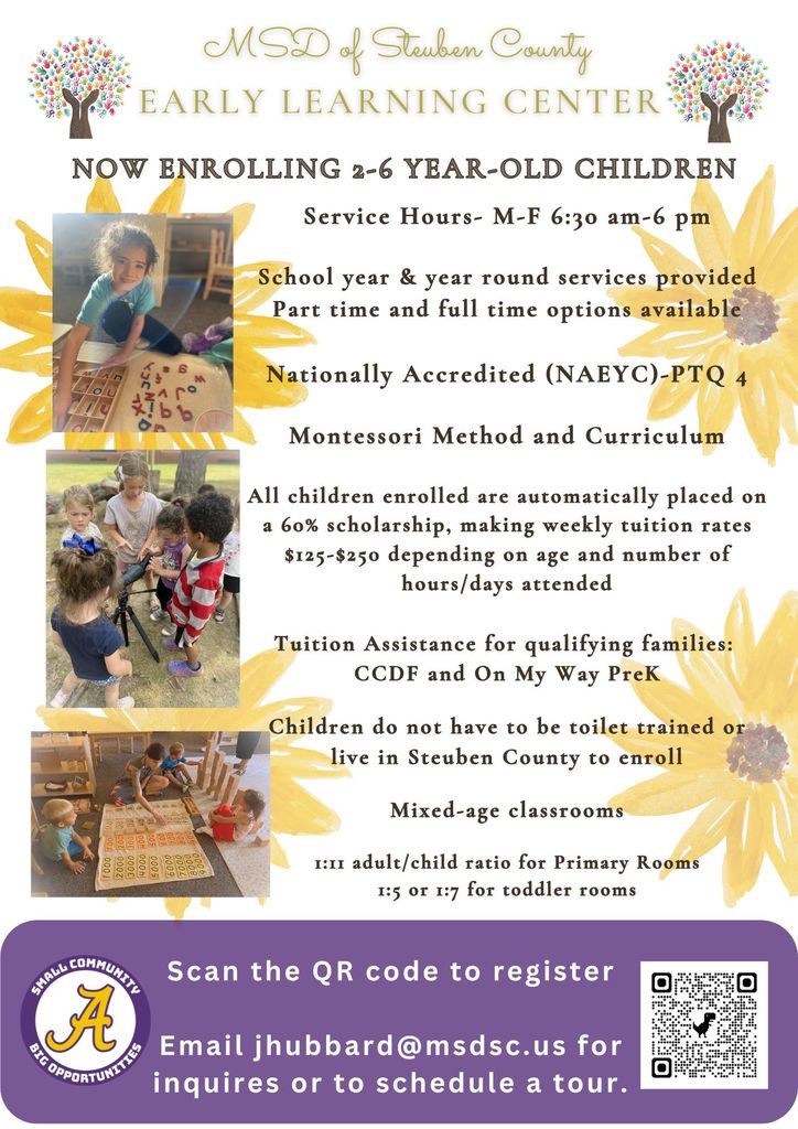 Early Learning Center Flyer featuring photos of childern in different learning situations and inforomation about the program and enrollment.