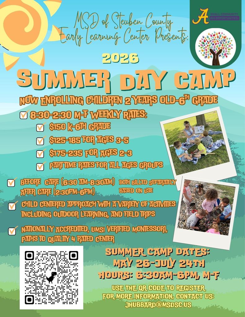 2026 ELC Summer Summer Day Camp Flyer- With photos of childern playing outside a qrcode and information