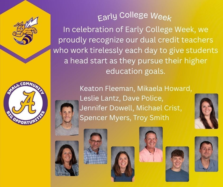 In celebration of Early College Week, we proudly recognize our dual credit teachers who work tirelessly each day to give students a head start as they pursue their higher education goals.Keaton Fleeman, Mikaela Howard,  Leslie Lantz, Dave Police, Jennifer Dowell, Michael Crist, Spencer Myers, Troy Smith