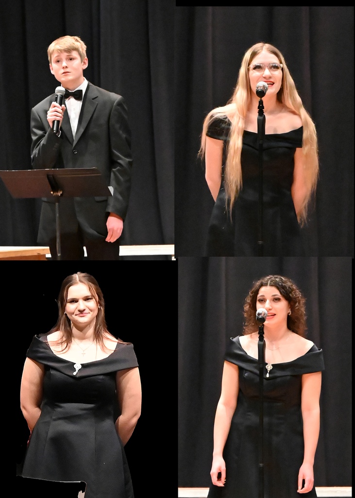 4 individual pictures 3 girls and 1 boy all dressed in black and singing