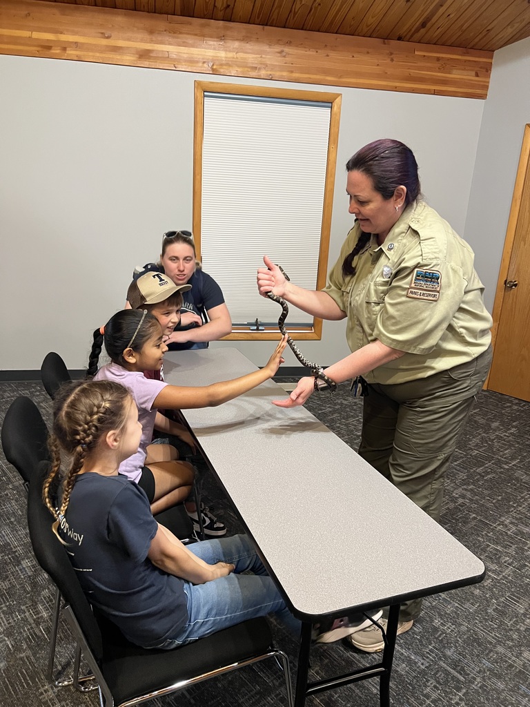 three children and an adult being shown a snake by a forest ranger one childe is petting the snake