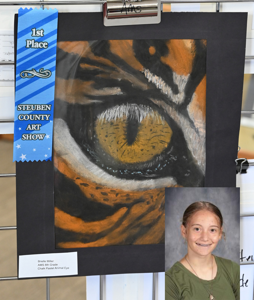 pastel drawing of tiger eye, 1st place ribbon, image of artist