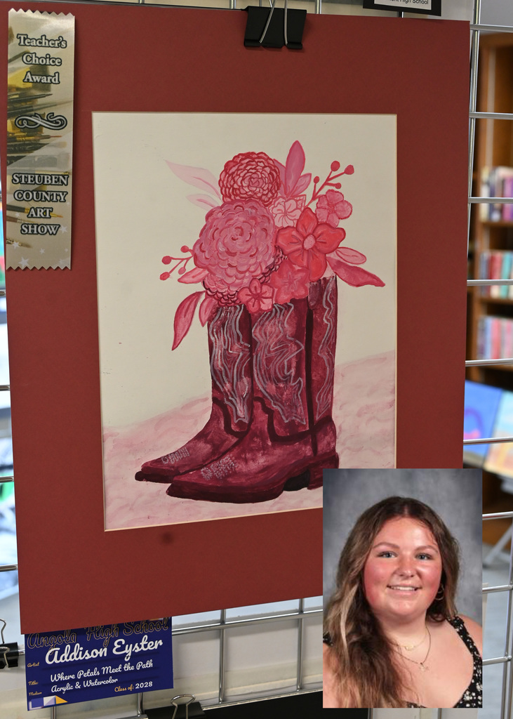 artwork of pink cowboyboots with pink flower, in corner shows headshot of artist