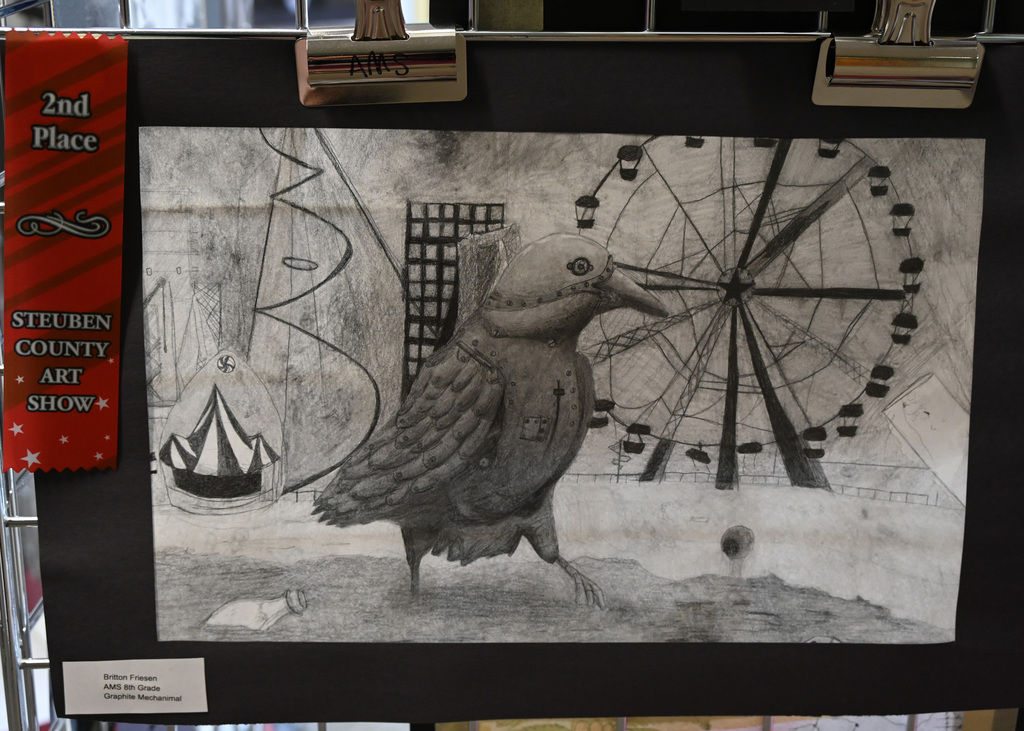 pencil dreawing of mechnical bird in front of ferris wheel 2nd place Ribbon