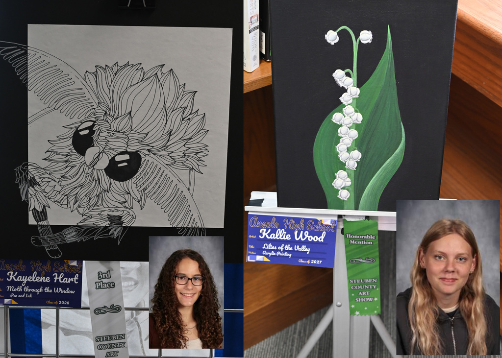 two drewaing forst is pen and ink bird  3rd place ribbon, image of artist, 2nd is flower, participation ribbon, image of artist