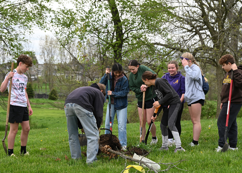 Eight middle schoolers in a park digging up a tree
