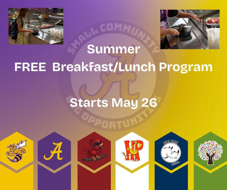 Summer Free Breakfast/Lunch Program Starts May 26 - Small images of school lunches