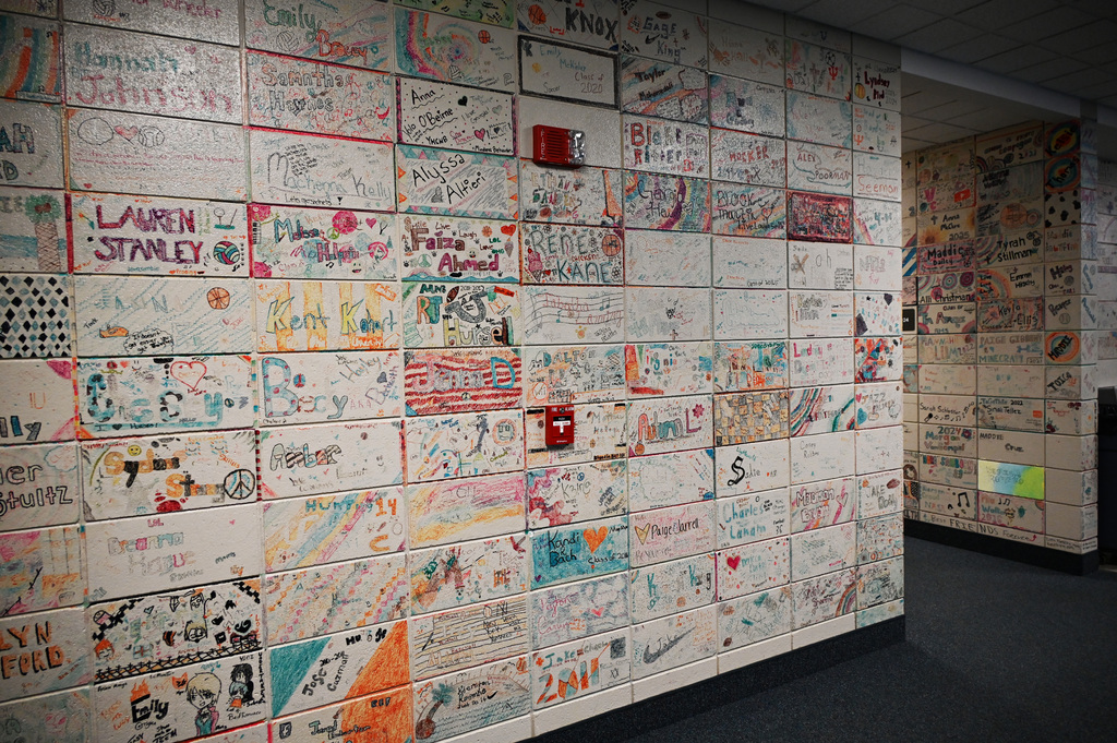 walls of a school with draings on the blocks of the walls