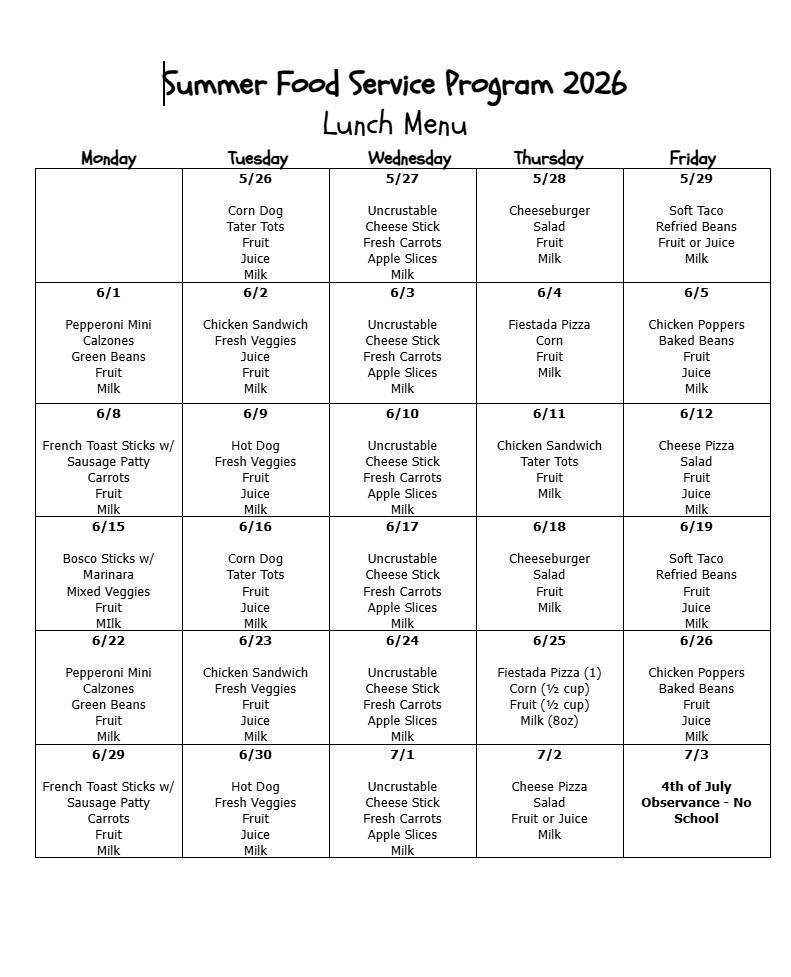 montly menu for lunch