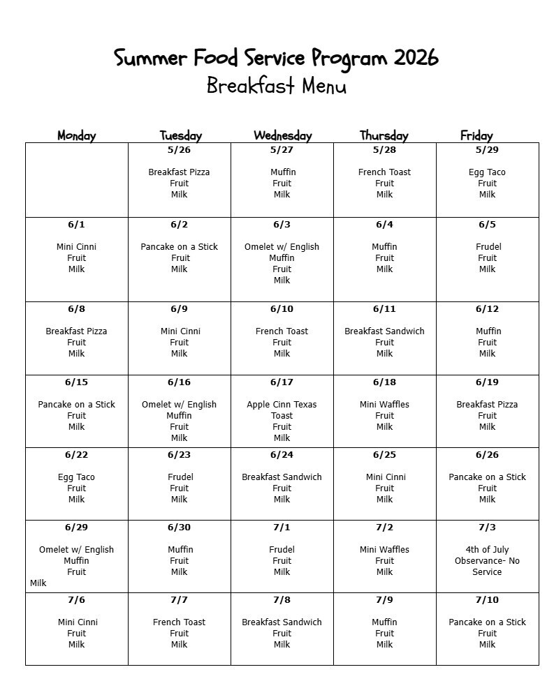 monthly menu for breakfasts