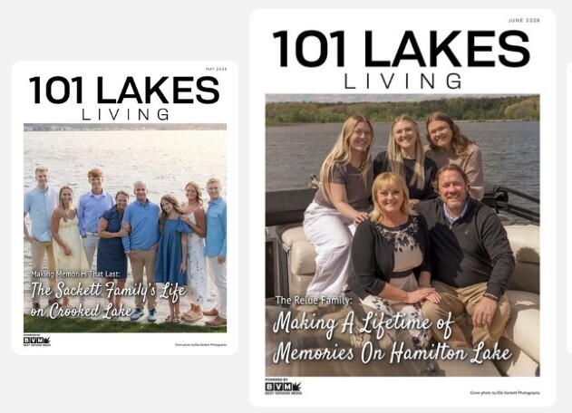 two magazines covers featuring families posing by lakes, Magain ins 101 Lakes Living