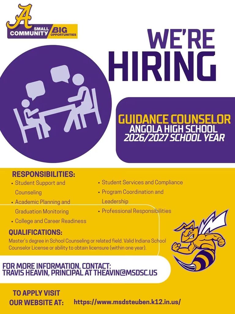 We're Hiring Guidance Councelor Angola High School