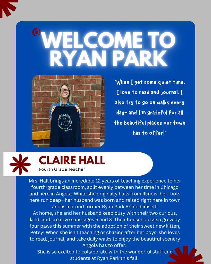 Welcome Claire Hall to Fourth Grade at Ryan Park!