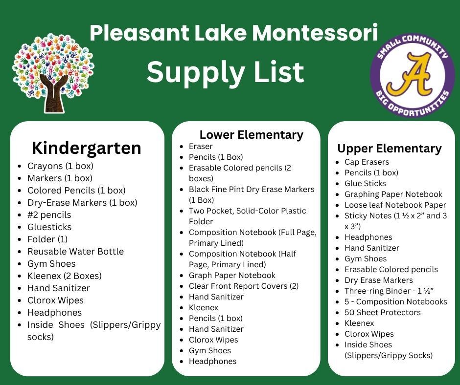 Pleasant Lake Montessori Supply List