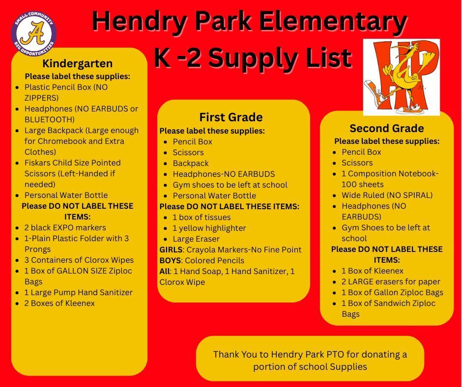 Hendry Park Supply List