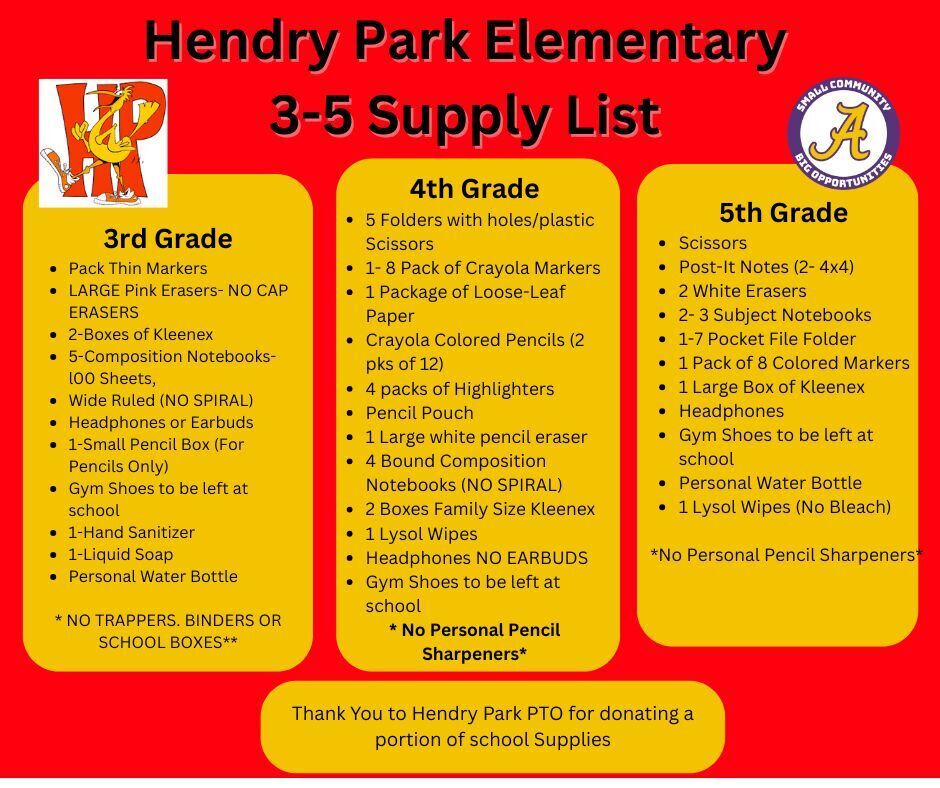 Hendry Park Supply List