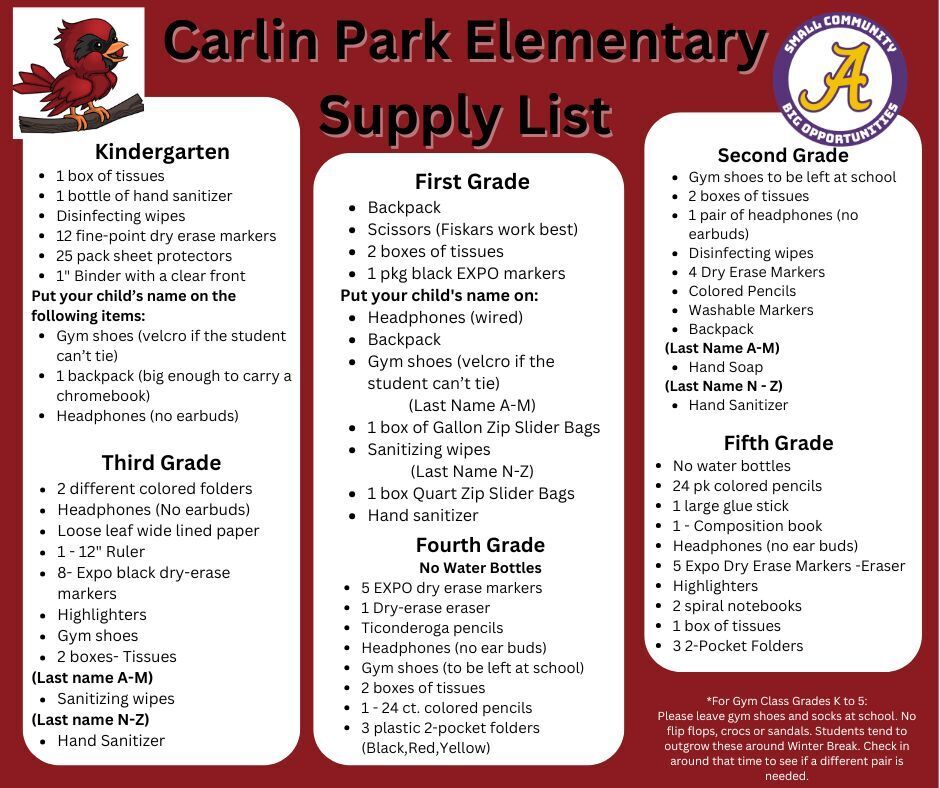 Carlin Park Supply List