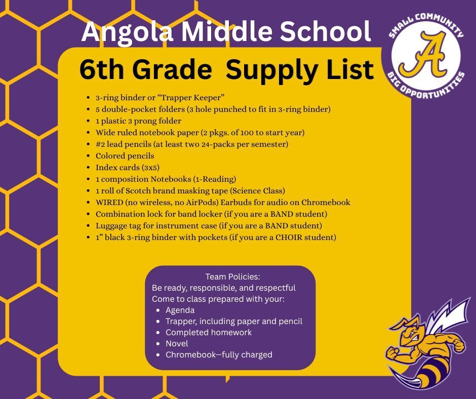 Angola Middle School Supply List
