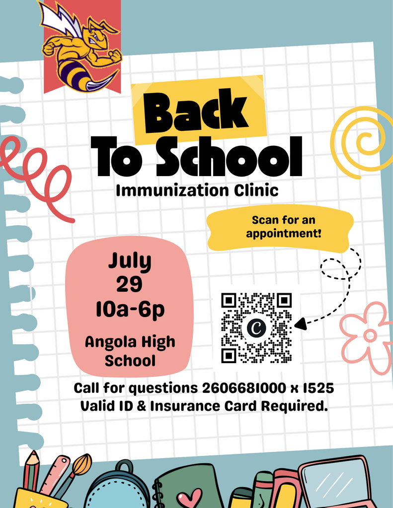Does your student need immunizations before school starts? No problem! Stueben County Health Department will be providing immunizations during our District Registration, July 29th 10am to 6pm.  Sign up for an appointment today https://booknow.appointment-plus.com/e5m5kb9k/?event_service_id=785