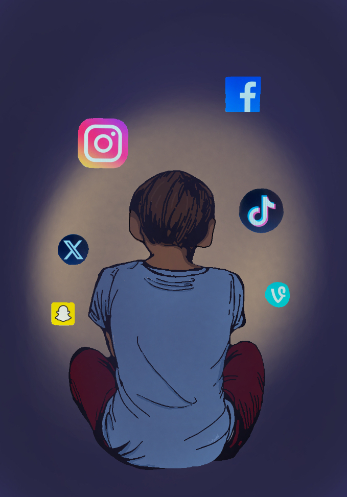 Art by Evelyn Ayala of a child surrounded by social media logo apps